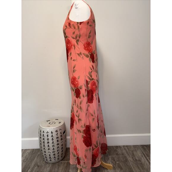 Vintage Y2K Coral Red Rose Holiday Party Dress Chiffon Maxi Slip Dress 90s - Picture 3 of 14